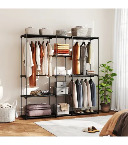 Armario de Ropa 182x43x185 cm Armario Abierto con 8 Estantes de Tela Barras para Colgar Marco de Metal Negro