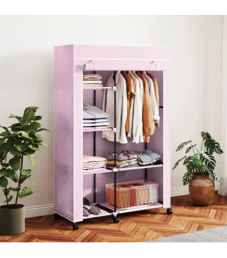Armario de Tela con Ruedas Ropero Portátil con 6 Estantes y 1 Barra de Colgar para Dormitorio 103x43x162,5cm Rosa