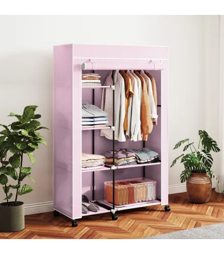 Armario de Tela con Ruedas Ropero Portátil con 6 Estantes y 1 Barra de Colgar para Dormitorio 103x43x162,5cm Rosa