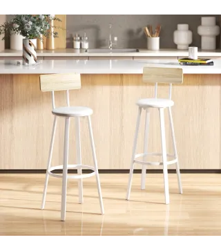 Juego de 2 Taburetes Altos de Cocina con Respaldo y Reposapiés Tapizados de PU Asiento de 75,5 cm Natural y Blanco