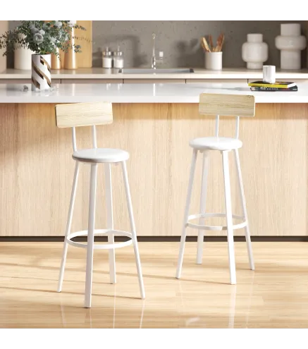 Juego de 2 Taburetes Altos de Cocina con Respaldo y Reposapiés Tapizados de PU Asiento de 75,5 cm Natural y Blanco