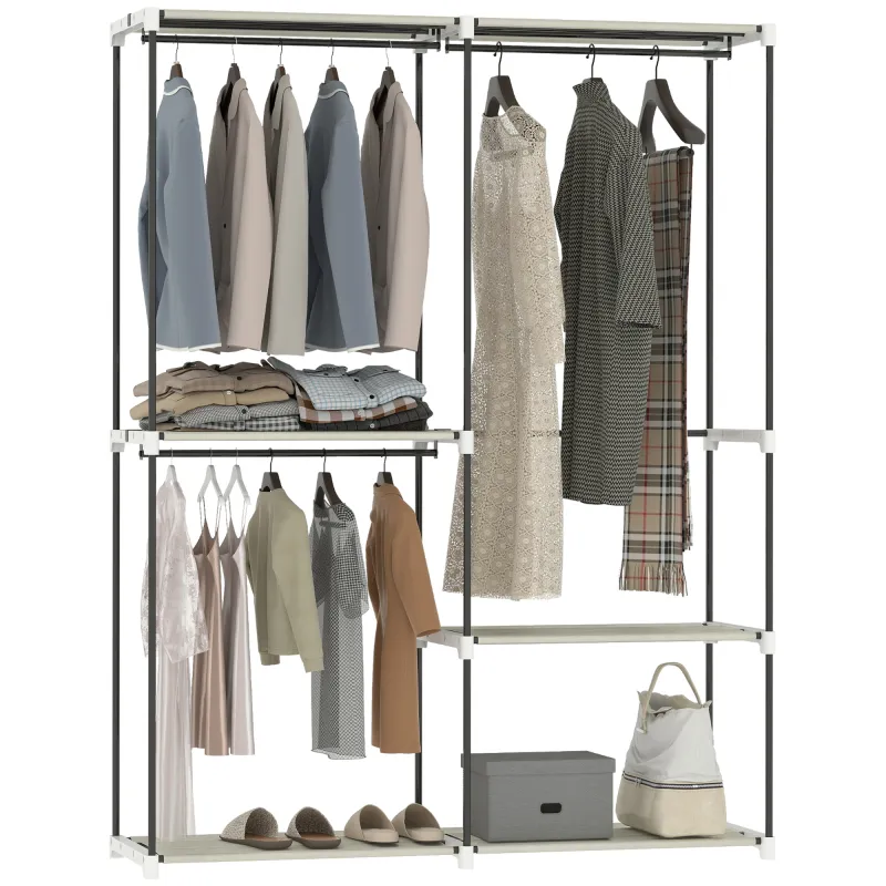 Armario de Ropa Armario Abierto con 4 Estantes de Tela 3 Barras para Colgar Marco de Metal 142x43x185 cm Crema