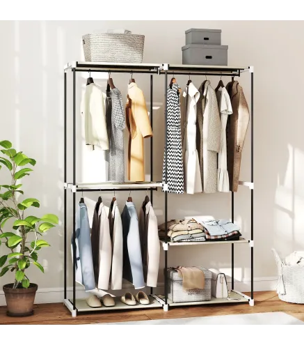 Armario de Ropa Armario Abierto con 4 Estantes de Tela 3 Barras para Colgar Marco de Metal 142x43x185 cm Crema