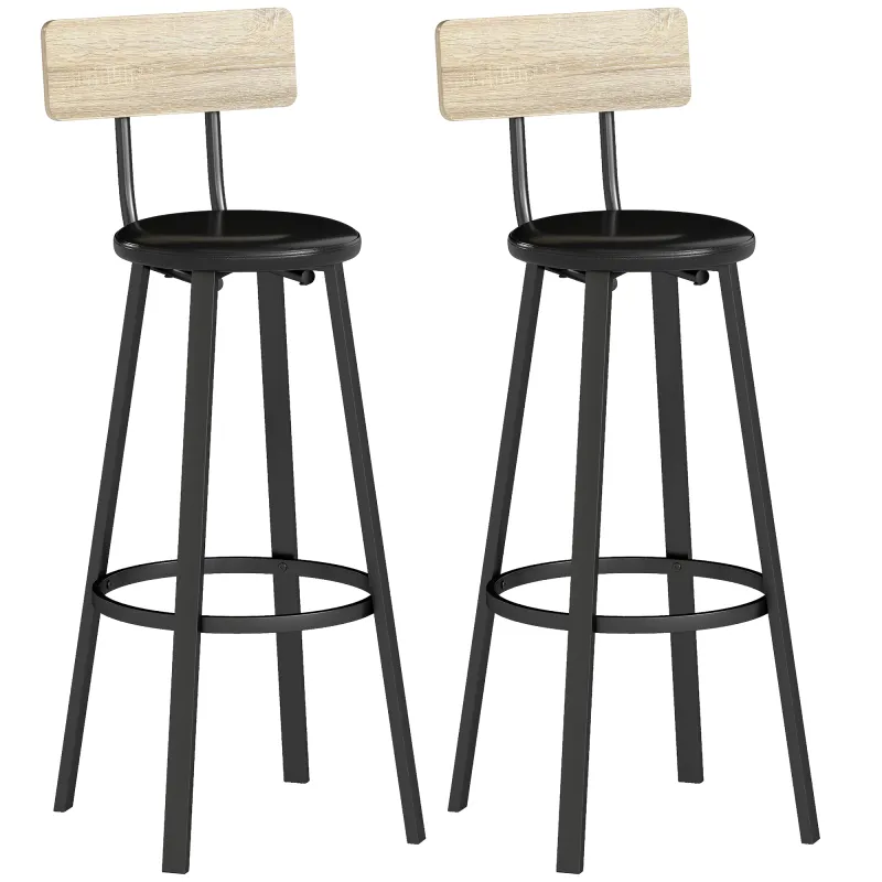 Juego de 2 Taburetes Altos de Cocina con Respaldo y Reposapiés Tapizados de PU Asiento de 75,5 cm Natural y Negro