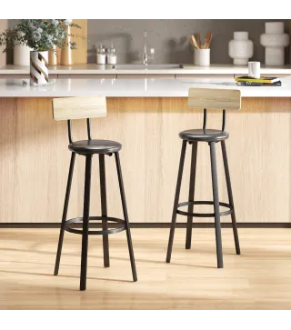 Juego de 2 Taburetes Altos de Cocina con Respaldo y Reposapiés Tapizados de PU Asiento de 75,5 cm Natural y Negro