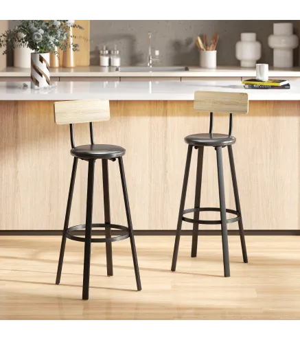 Juego de 2 Taburetes Altos de Cocina con Respaldo y Reposapiés Tapizados de PU Asiento de 75,5 cm Natural y Negro