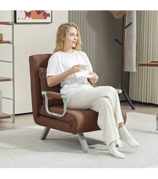 Sillón Cama Individual 2 en 1 Sofá Cama Plegable con Respaldo Ajustable y Cojín para Sala Dormitorio 65x69x80 cm Marrón