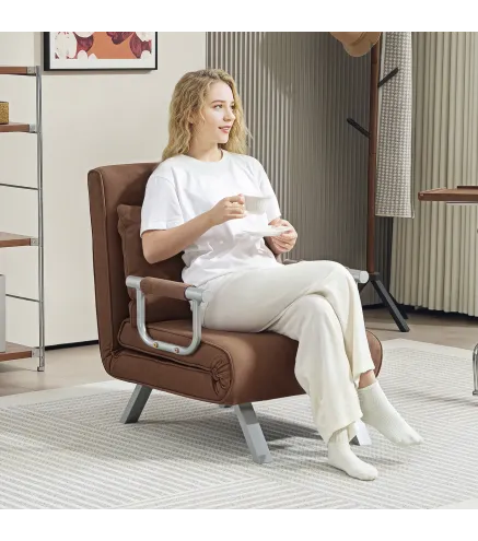 Sillón Cama Individual 2 en 1 Sofá Cama Plegable con Respaldo Ajustable y Cojín para Sala Dormitorio 65x69x80 cm Marrón