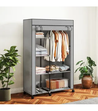 Armario de Tela con Ruedas Ropero Portátil con 6 Estantes y 1 Barra de Colgar para Dormitorio 103x43x162,5 cm Gris