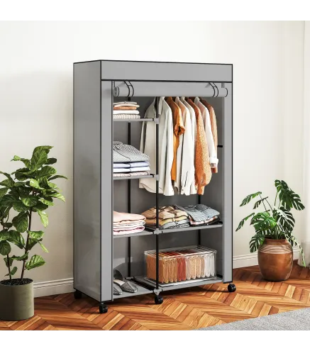 Armario de Tela con Ruedas Ropero Portátil con 6 Estantes y 1 Barra de Colgar para Dormitorio 103x43x162,5 cm Gris