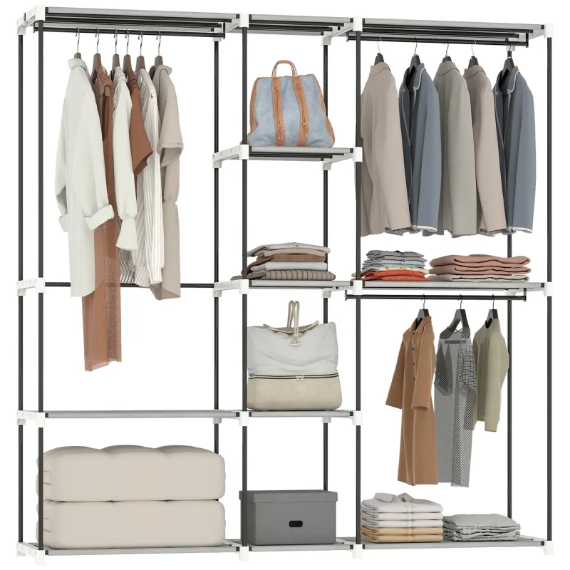 Armario de Ropa 182x43x185 cm Armario Abierto con 8 Estantes de Tela Barras para Colgar Marco de Metal Gris Claro