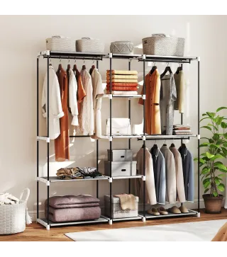 Armario de Ropa 182x43x185 cm Armario Abierto con 8 Estantes de Tela Barras para Colgar Marco de Metal Gris Claro