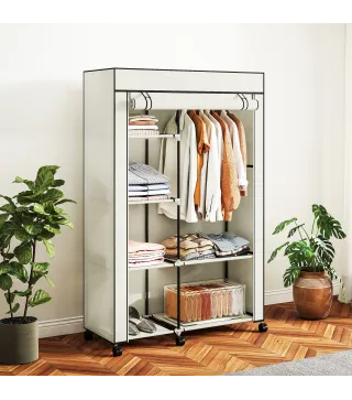 Armario de Tela con Ruedas Ropero Portátil con 6 Estantes y 1 Barra de Colgar para Dormitorio 103x43x162,5cm Crema