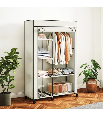 Armario de Tela con Ruedas Ropero Portátil con 6 Estantes y 1 Barra de Colgar para Dormitorio 103x43x162,5cm Crema