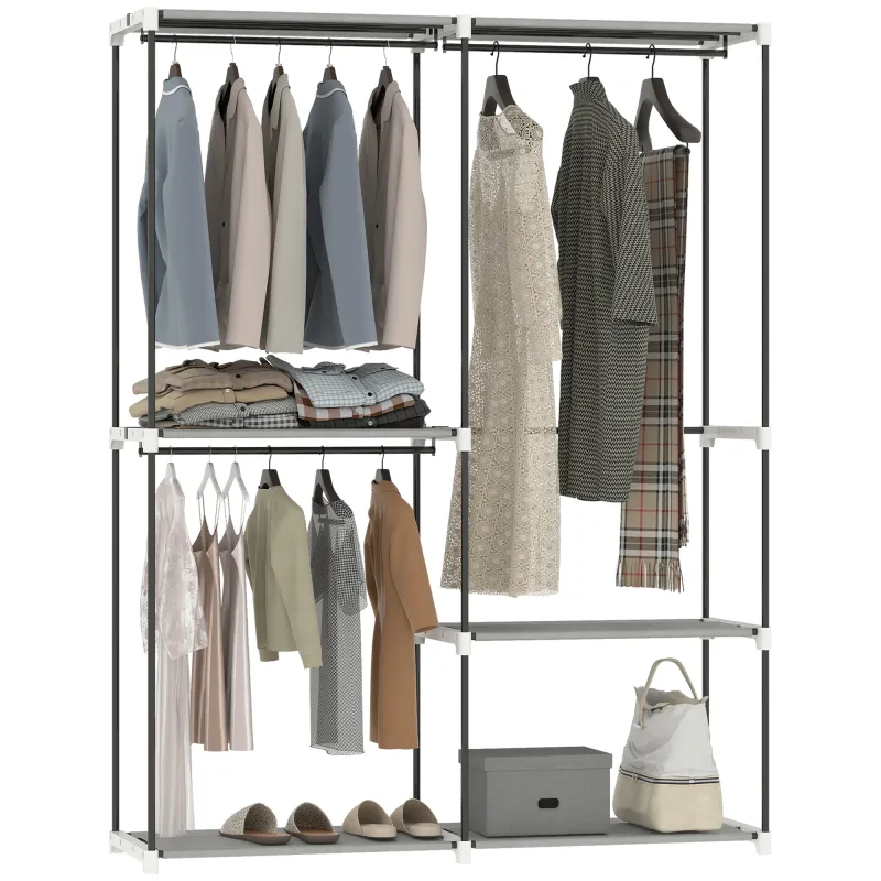 Armario de Ropa Armario Abierto con 4 Estantes de Tela 3 Barras para Colgar Marco de Metal 142x43x185 cm Gris Claro