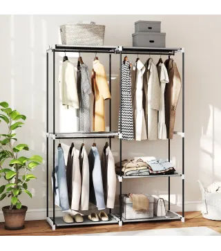 Armario de Ropa Armario Abierto con 4 Estantes de Tela 3 Barras para Colgar Marco de Metal 142x43x185 cm Gris Claro