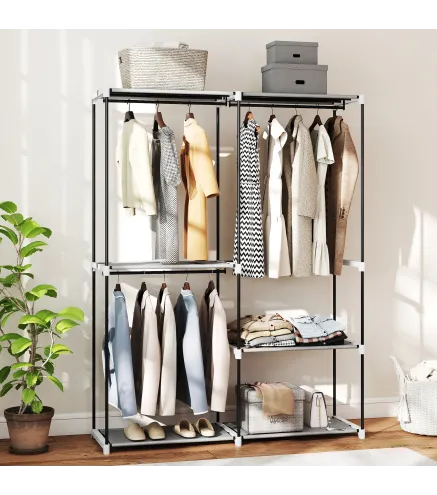 Armario de Ropa Armario Abierto con 4 Estantes de Tela 3 Barras para Colgar Marco de Metal 142x43x185 cm Gris Claro