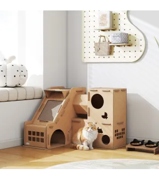 Casa para Gatos de Cartón Forma Castillo 2 Niveles con 3 Zonas de Rascado Túnel Rampa Incluye Hierba Marrón