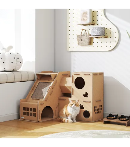 Casa para Gatos de Cartón Forma Castillo 2 Niveles con 3 Zonas de Rascado Túnel Rampa Incluye Hierba Marrón
