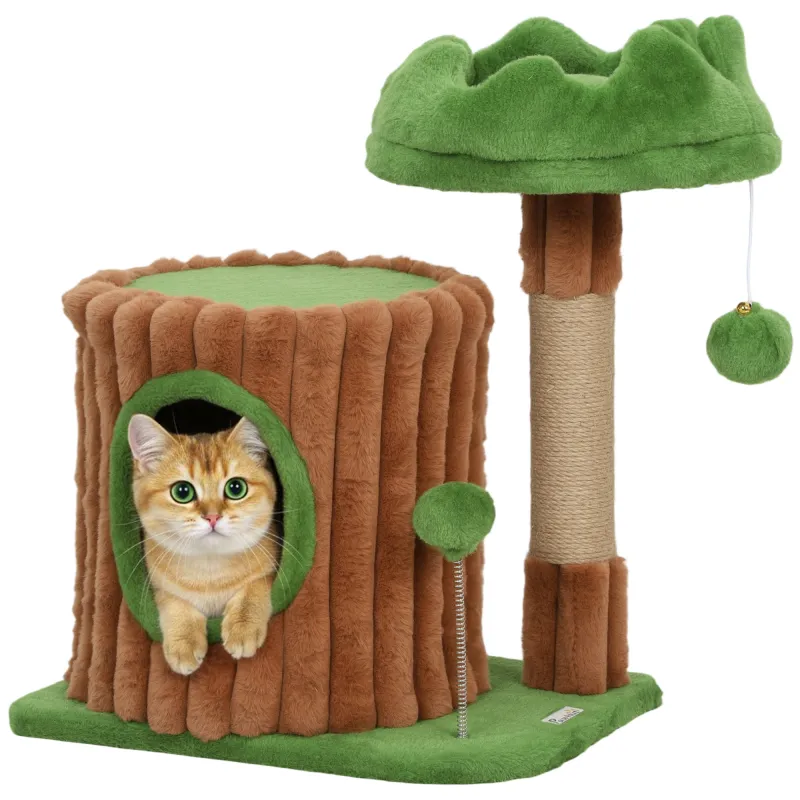 Árbol Rascador para Gatos 53 cm Diseño de Tronco con Casita Cama Poste de Yute Bolas Marrón y Verde