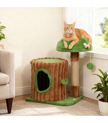 Árbol Rascador para Gatos 53 cm Diseño de Tronco con Casita Cama Poste de Yute Bolas Marrón y Verde