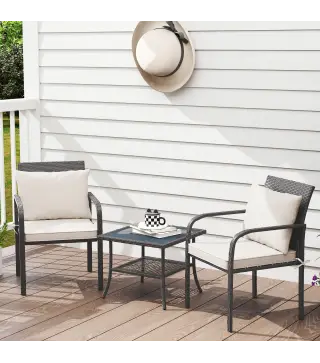 Conjunto de Muebles de Jardín de Ratán Sintético con 2 Sillas con Cojines Acolchados y Mesa con Vidrio Templado Marrón