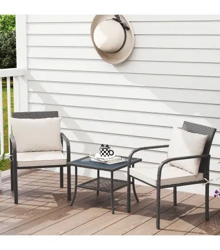 Conjunto de Muebles de Jardín de Ratán Sintético con 2 Sillas con Cojines Acolchados y Mesa con Vidrio Templado Marrón