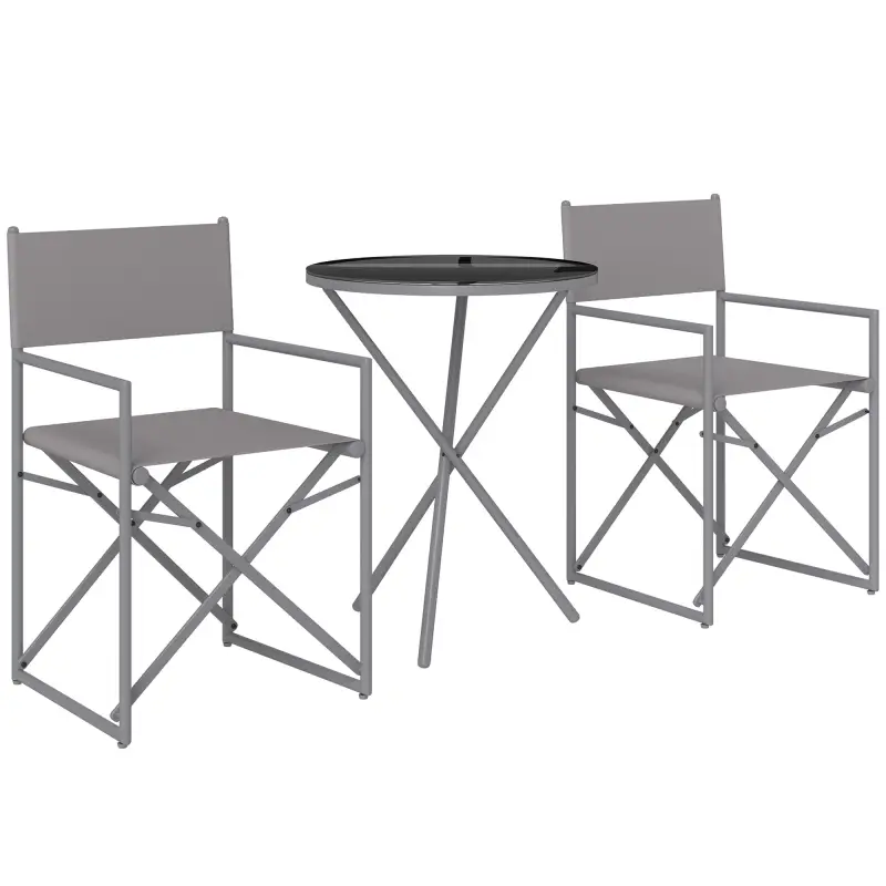 Conjunto de Jardín 3 Piezas con Mesa Redonda de Vidrio Templado y 2 Sillas Plegables con Asientos de Malla Transpirable