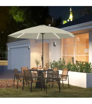 Sombrilla Terraza Exterior con Luces LED Protección UV50+ Poste de Aluminio Manivela Techo Ventilado Ø300x256 cm Crema