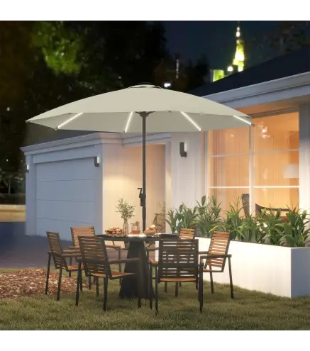 Sombrilla Terraza Exterior con Luces LED Protección UV50+ Poste de Aluminio Manivela Techo Ventilado Ø300x256 cm Crema