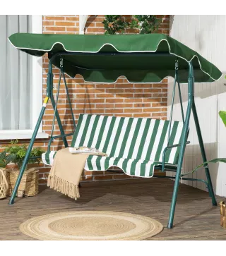 Columpio Balancín de Jardín de 3 Plazas con Cojín Techo Ajustable y Marco de Acero 172x110x153 cm Rayas Verde y Blanco