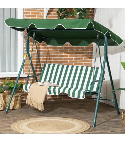 Columpio Balancín de Jardín de 3 Plazas con Cojín Techo Ajustable y Marco de Acero 172x110x153 cm Rayas Verde y Blanco