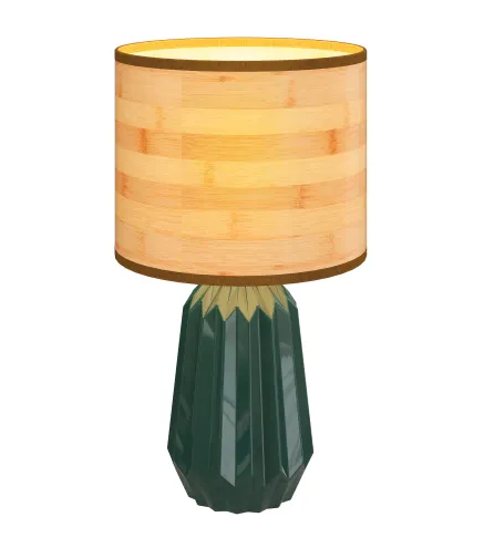 Lámpara de Mesa con Base de Cerámica y Pantalla de Lino Estilo Retro para Dormitorio 40W Verde y Madera Natural