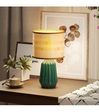 Lámpara de Mesa con Base de Cerámica y Pantalla de Lino Estilo Retro para Dormitorio 40W Verde y Madera Natural