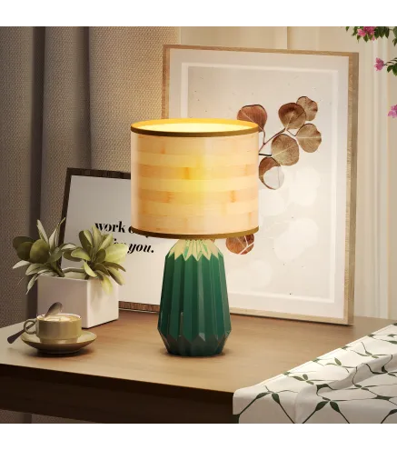 Lámpara de Mesa con Base de Cerámica y Pantalla de Lino Estilo Retro para Dormitorio 40W Verde y Madera Natural
