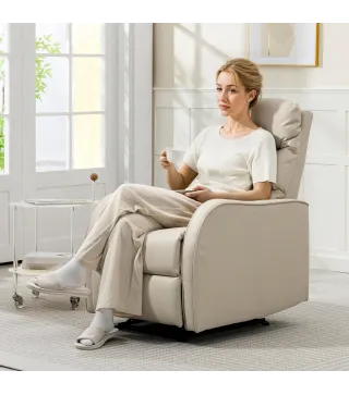 Sillón Relax Reclinable Sofá Relax Tapizado en PU con Reposapiés Retráctil para Dormitorio Salón 65x89x100 cm Crema