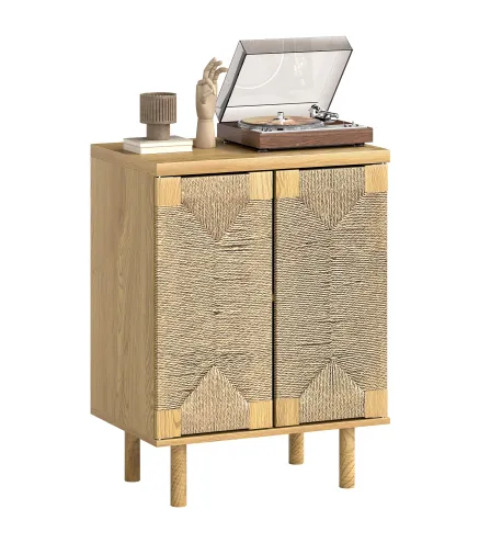 Aparador Bohemio de 2 Puertas con Cuerda Tejida a Mano Estante Ajustable Apertura por Presión Roble 60x40x78 cm