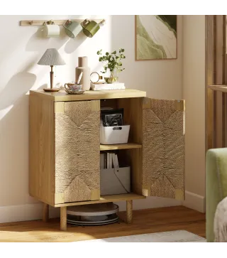 Aparador Bohemio de 2 Puertas con Cuerda Tejida a Mano Estante Ajustable Apertura por Presión Roble 60x40x78 cm