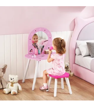 Tocador Infantil con Taburete y Espejo Tocador para Niñas con Dibujos de Corazones para Niños y Niñas de 3-6 Años Rosa
