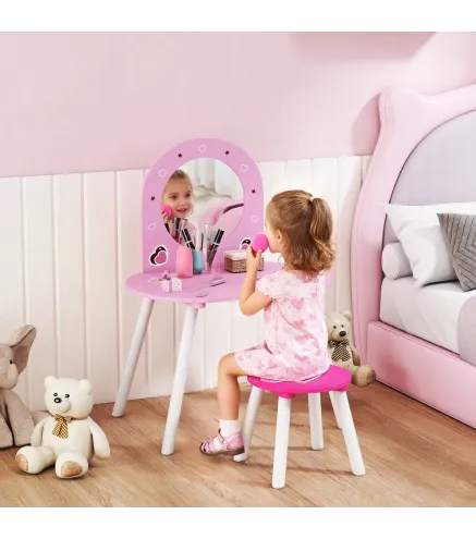 Tocador Infantil con Taburete y Espejo Tocador para Niñas con Dibujos de Corazones para Niños y Niñas de 3-6 Años Rosa