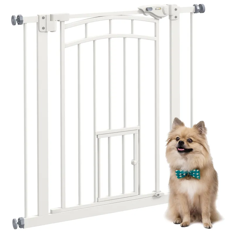 Barrera de Seguridad para Perros 74-80 cm con Montaje a Presión Doble Bloqueo Extensión para Puerta Escalera Blanco