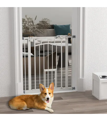 Barrera de Seguridad para Perros 74-80 cm con Montaje a Presión Doble Bloqueo Extensión para Puerta Escalera Blanco