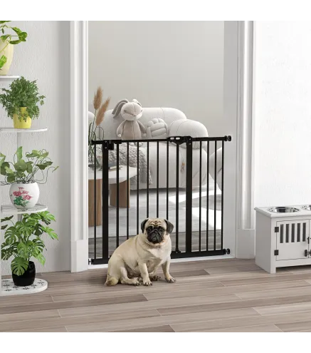 Barrera de Seguridad para Perros 74-94 cm con Extensión Montaje a Presión y Doble Bloqueo Negro