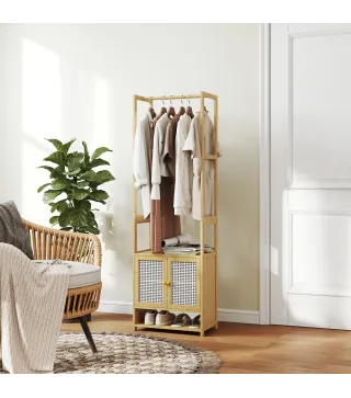 Perchero de Bambú con Armario Zapatero Barra para Colgar Estante Ajustable para Entrada Pasillo 53x31x168 cm Natural