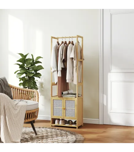 Perchero de Bambú con Armario Zapatero Barra para Colgar Estante Ajustable para Entrada Pasillo 53x31x168 cm Natural