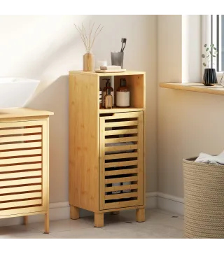 Mueble Auxiliar de Baño Estrecho con Puerta de Lamas Balda Abierto Estante Ajustable 30x30x80 cm Natural