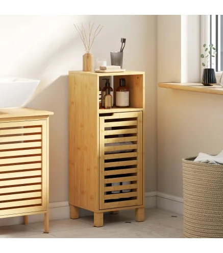 Mueble Auxiliar de Baño Estrecho con Puerta de Lamas Balda Abierto Estante Ajustable 30x30x80 cm Natural