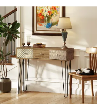 Mesa de Consola Mesa de Sofá con 3 Cajones con Patas de Acero Tipo Horquilla Estilo Bohemio Natural