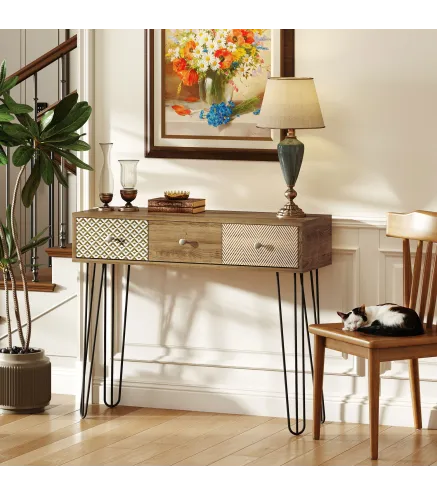 Mesa de Consola Mesa de Sofá con 3 Cajones con Patas de Acero Tipo Horquilla Estilo Bohemio Natural