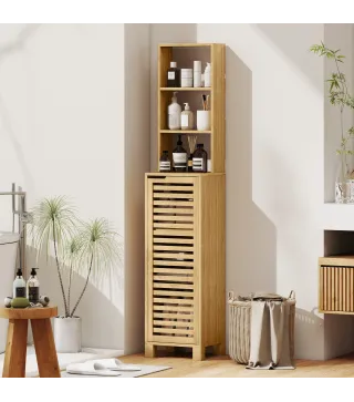 Armario de Baño Alto de Bambú Estrecha con 3 Estantes Abiertos Puerta de Lamas Baldas Ajustables 34x30x170 cm Natural